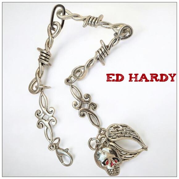 ED HARDY Skull & Wings Charm Bracelet on Barbed Wire Link Chain Stainless 8" - Picture 5 of 5